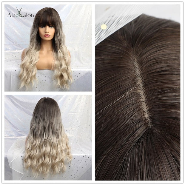 Long Ombre Light Ash Brown Blonde Wavy Wig Cosplay Party Daily Synthetic Wig