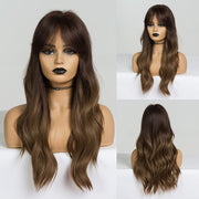 Long Dark Brown Women's Wigs with Bangs Water Wave Heat Resistant Synthetic Wigs