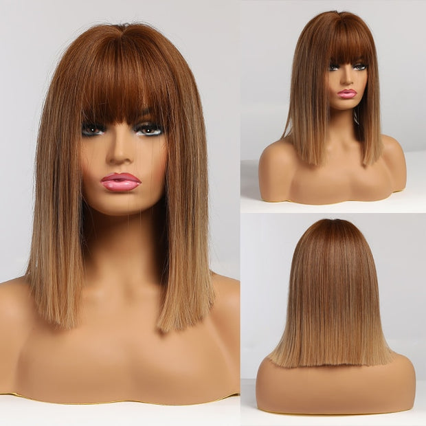 Ombre Brown Golden Short Straight Hair Lolita Bobo Wigs with Bangs