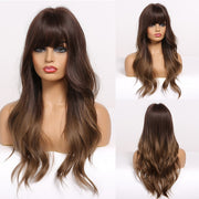 Long Dark Brown Women's Wigs with Bangs Water Wave Heat Resistant Synthetic Wigs