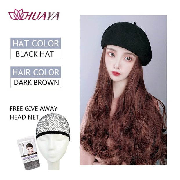Multi color Beret with long wavy hair attachment!