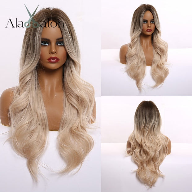Long Ombre Light Ash Brown Blonde Wavy Wig Cosplay Party Daily Synthetic Wig