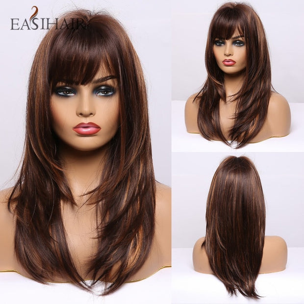 Ombre Brown Blonde Wigs with Bangs Layered Cosplay Wigs Heat Resistant