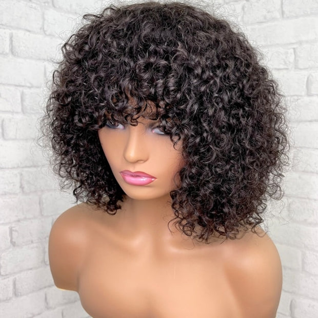 Curly Short non-lace wig with bangs/fringe - preplucked hairline